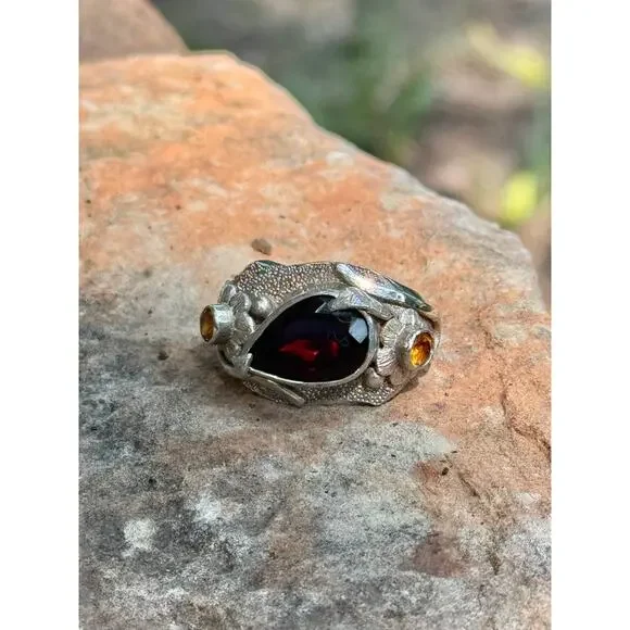 Red Garnet Grossular Garnets Sterling Silver Carved Flower Ring US Sz 8.5 - Picture 6 of 9
